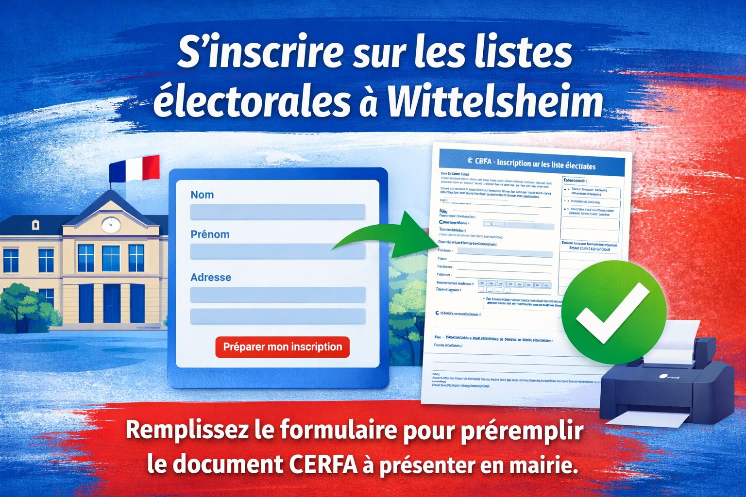 Préparer son inscription sur les listes électorales à Wittelsheim Formulaire permettant de préremplir le document CERFA pour s’inscrire sur les listes électorales à Wittelsheim